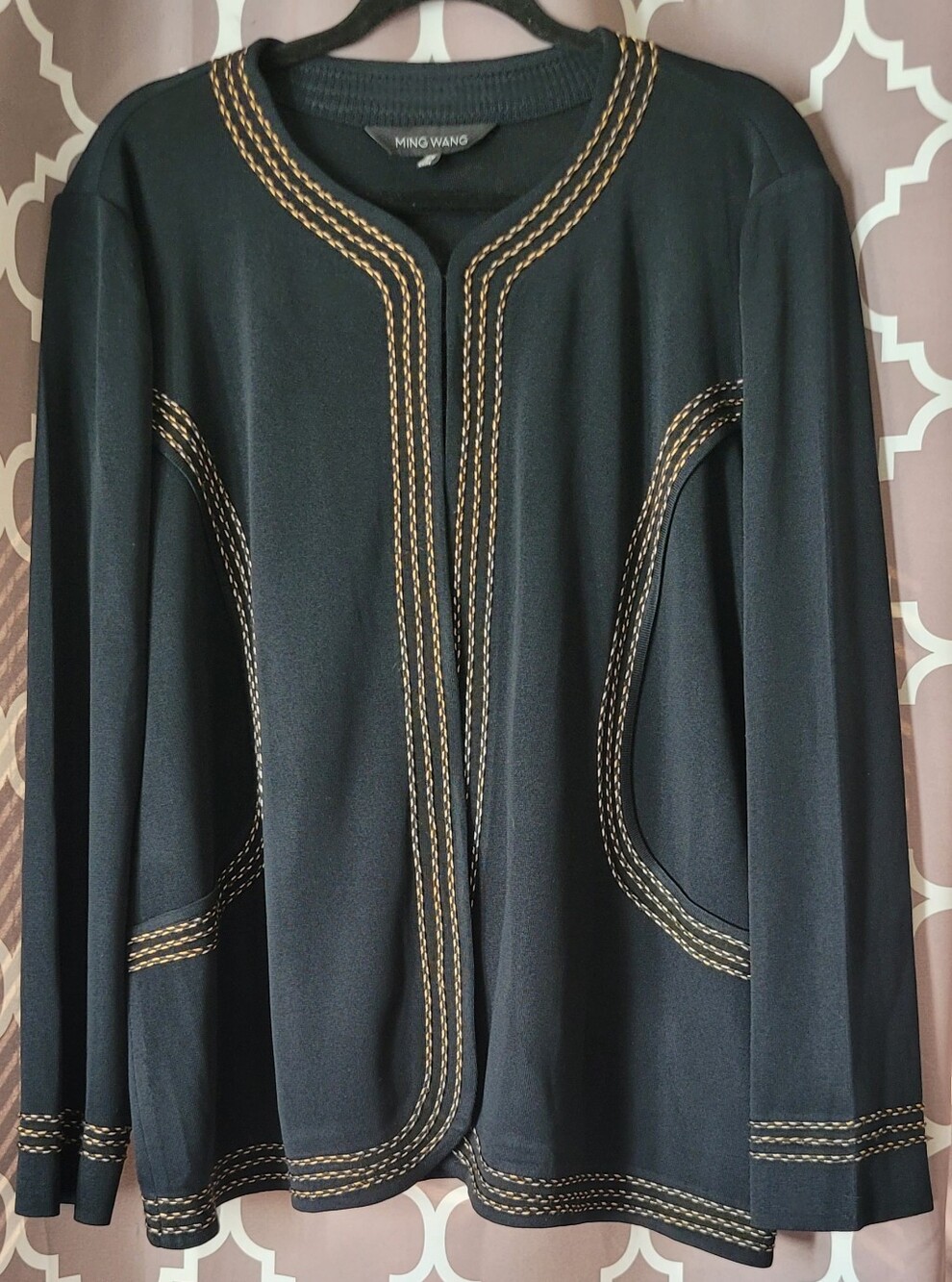 Ming Wang Women's Black Cardigan with gold stitching.